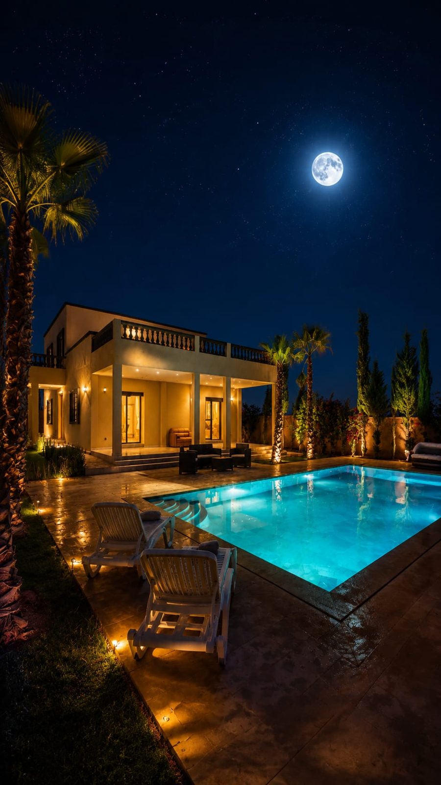 Zwembad met de villa op de achtergrond bij avond — Villa Sakinah Marrakech