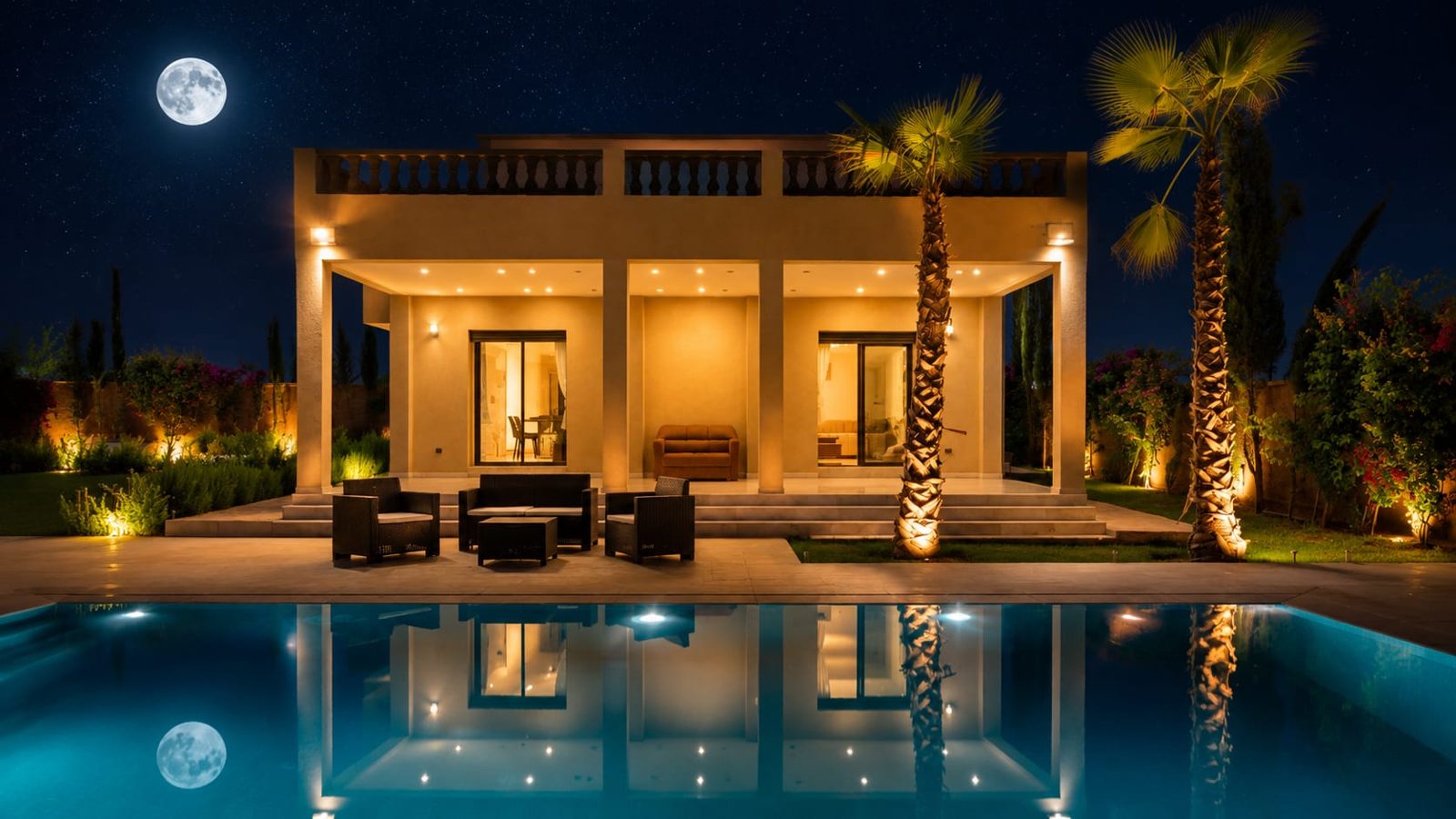 Villa Sakinah bij avond met verlicht privézwembad — Villa Sakinah Marrakech