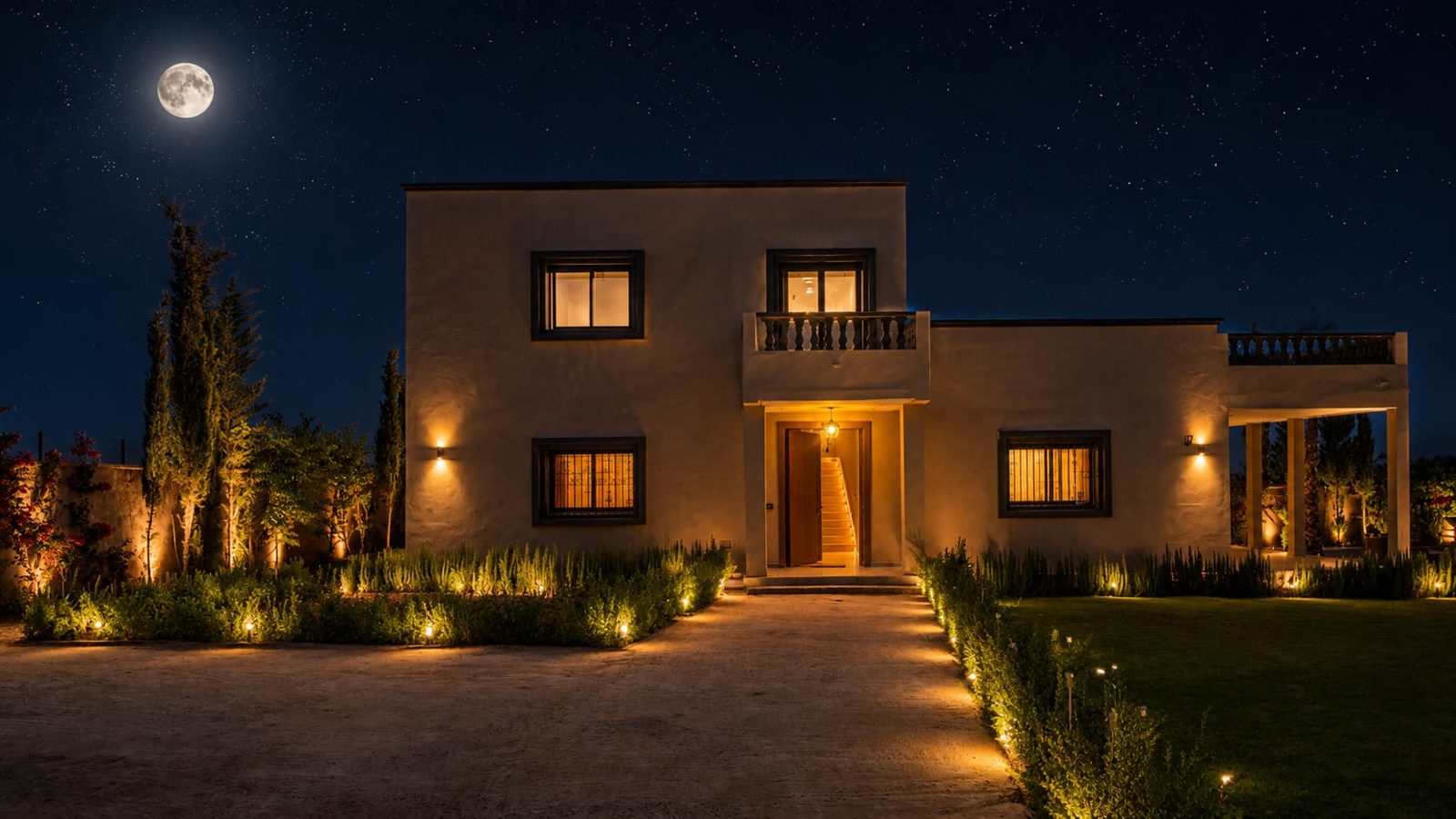 Voorzijde van de villa in de avond — Villa Sakinah Marrakech